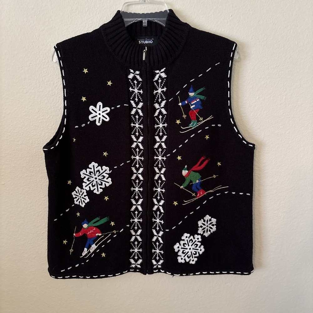 Vintage EUC Designers Original Studio Joy‎ Sweater Vest Embroidered Skiers Large